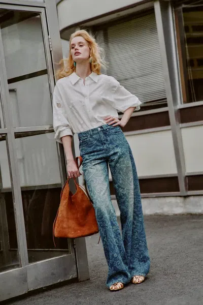 Fabrique Kelly Paisley Embossed Faded Jeans In Cotton Denim In White