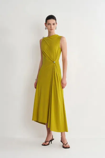 Fabrique Kiki Mustard Green Asymmetric Knot Sleeveless Dress In Acetate Knit In Yellow