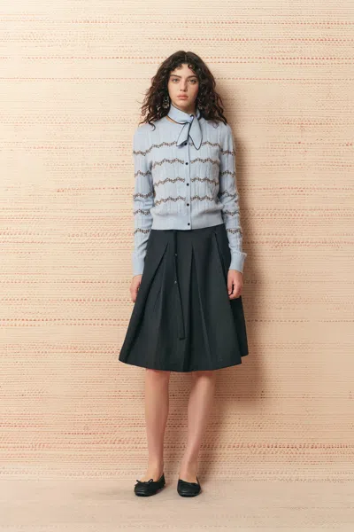 Fabrique Kiki Wave Stripe Cardigan With Scarf In Wool Blend Cable Knit In Blue