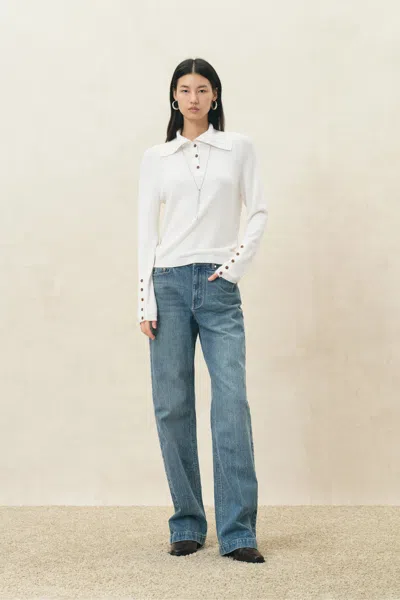 Fabrique Kira Button Turtleneck Top In Wool Blend Knit In White