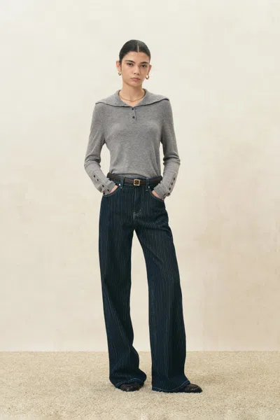 Fabrique Kira Half Button Turtleneck Top In Wool Blend Knit In Grey