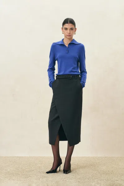 Fabrique Kira Half Placket Top In Wool Blend In Blue