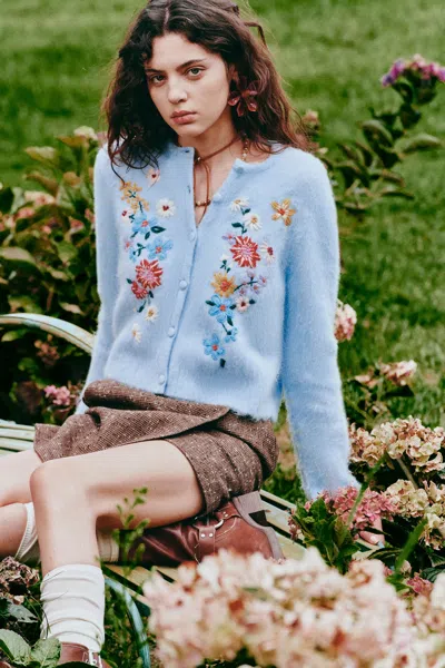 Fabrique Laelia Hand Embroidered Floral Fitted Cardigan In Alpaca Wool In Blue