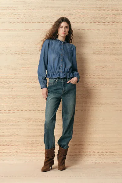 Fabrique Laura Ruffle Trim Denim Shirt In Blue