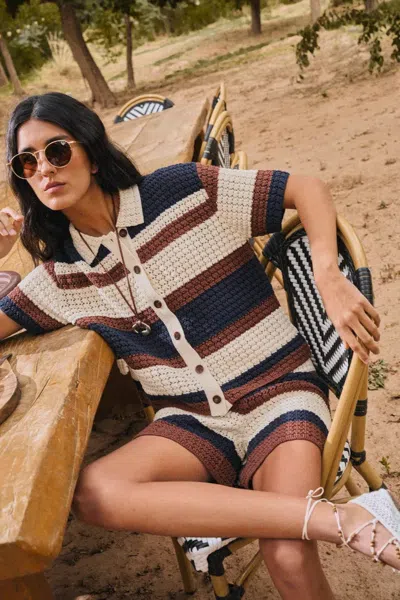 Fabrique Laurel & Mina Crochet Cardigan And Shorts Set In Cotton-linen Knit In Multi