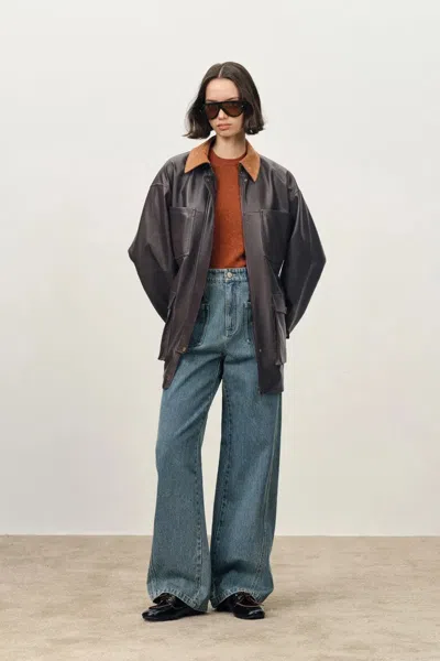 Fabrique Laurel Contrast Corduroy Collar Leather Jacket In Faux Leather In Blue