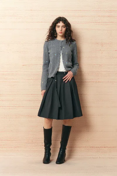Fabrique Lavinia Floral Embroidery Cardigan In Wool Blend Cable Knit In Grey
