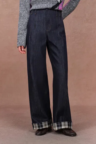 Fabrique Léa Cuffed Contrast Plaid Denim Jeans In Raw Denim In Blue