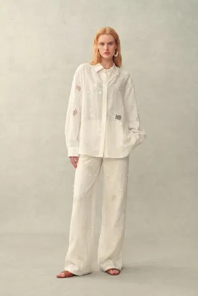 Fabrique Leona Lily Of The Valley Mesh Embroidery Shirt And Pants Matching Set In Linen In White