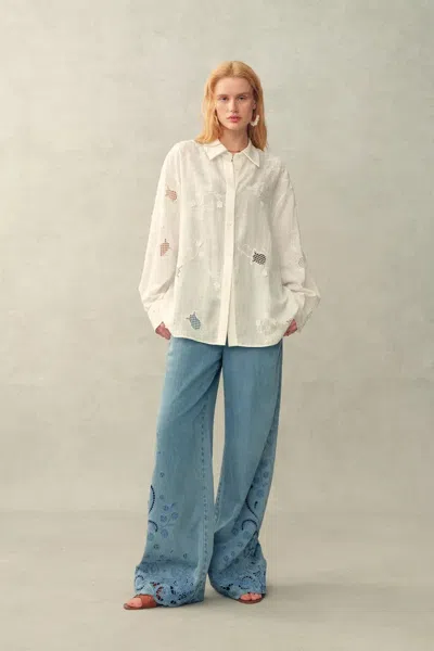 Fabrique Leona Lily Of The Valley Mesh Embroidery Shirt In Linen In White