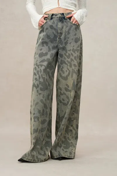 Fabrique Leopix Leopard Print Wide Leg Jeans In Washed Cotton Denim In Blue