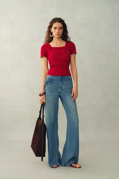 Fabrique Leyla 3d Floral Short Sleeve Top In Cotton In Red