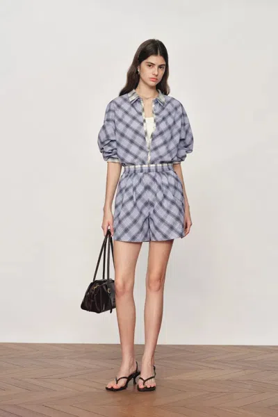 Fabrique Lia Plaid Layered Look Shirt And Shorts Set In Bubble Cotton In Blue