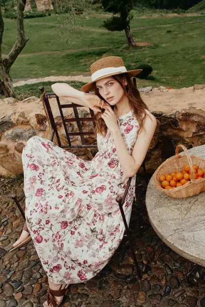 Fabrique Liana Printed Pomegranate Floral Tiered Dress In Linen Blend In Multi