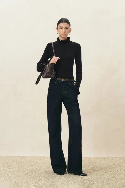 Fabrique Lieve Ruffle Trim Fitted Turtleneck Top In Wool Blend In Black