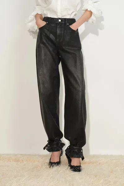 Fabrique Lila Cinch Hem Barrel Leg Jeans In Wax Coated Denim In Black