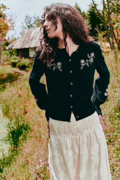 Fabrique Lila Hand Embroidery Floral Fitted Cardigan In Wool Blend In Black