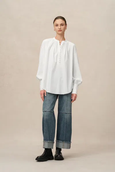 Fabrique Lila Stand Collar Blouse In Tencel-cotton In White