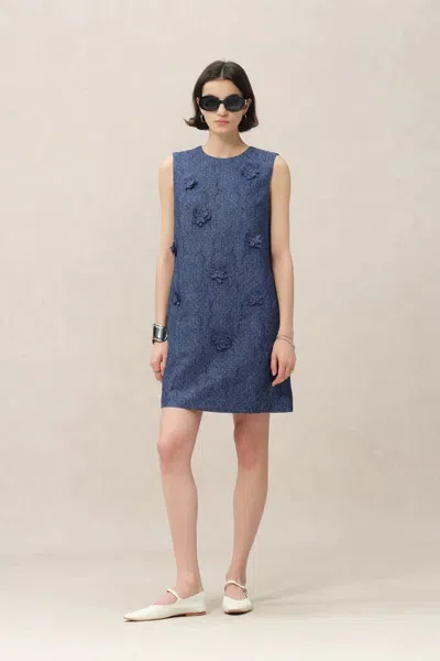 Fabrique Lila Textured Sleeveless Short Dress In Imported Korean Metallic Lace In Blue