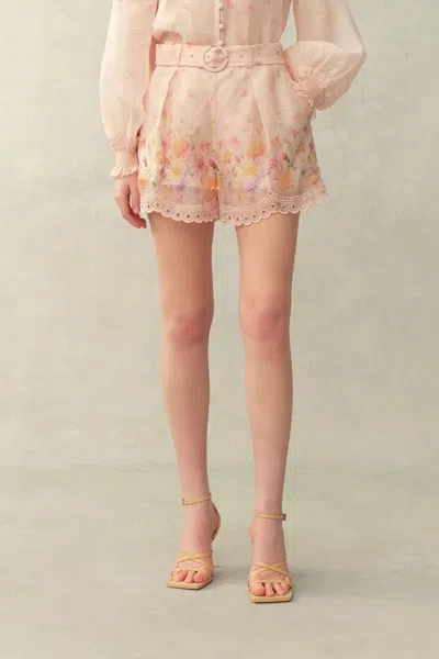 Fabrique Lillian Handpainted Floral Embroidery Belted Shorts In Silk Linen Organza In Neutral