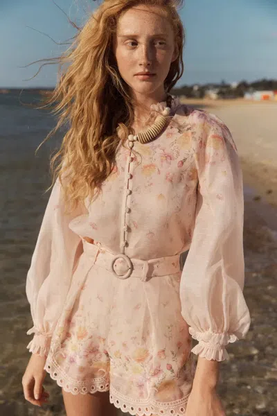 Fabrique Lillian Handpainted Floral Embroidery Sheer Ombré Print Blouse And Shorts Set In Silk Linen Organza In Multi