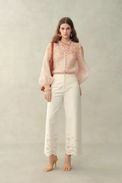 Fabrique Lillian Handpainted Floral Embroidery Sheer Ombré Print Blouse In Silk Linen Organza In Neutral