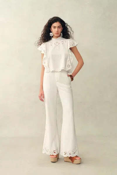 Fabrique Lilou French Cutwork Embroidery Ruffle-sleeve Top And Pants Matching Set In Cotton & Linen In White