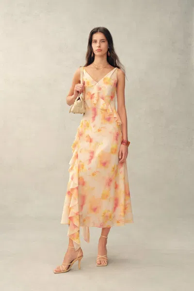 Fabrique Linda Handpainted Floral Ruffle Sleeveless Dress In Lightweight Chiffon In Multi