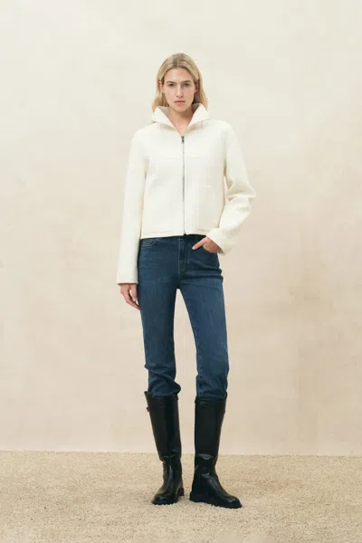 Fabrique Linnea Faux Leather-panel Cropped Coat With Ribbed Collar In White