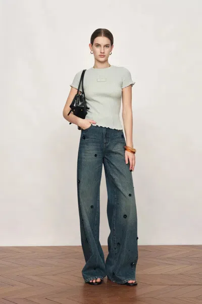 Fabrique Linnea Mint Green Ruffled Sculpted T-shirt In Cotton Wool Knit In Gray