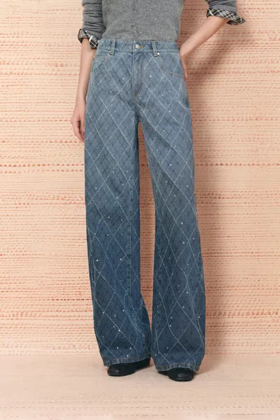 Fabrique Liora Crystal Embellished Crochet Argyle Jeans In Blue