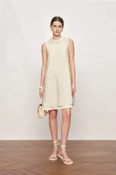 Fabrique Liora Modern Chinese Style Stand Collar Dress In Koi Embroidery In Neutral