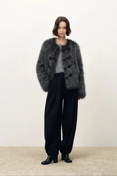 Fabrique Liora Ombre Horn Button Jacket With Scarf In Faux Fur In Black