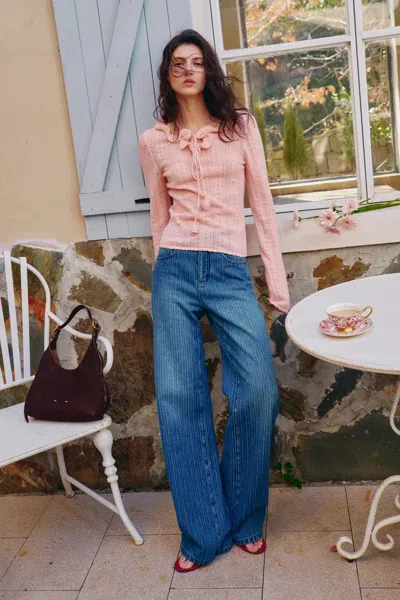 Fabrique Liora Vertical Striped Straight Leg Jeans In Herringbone Denim In Blue