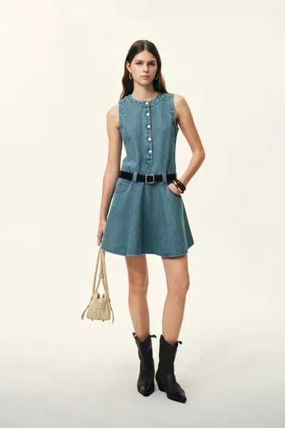 Fabrique Lisa Lower Waist Belted Sleeveless Dress In Washed Cotton Denim In Blue