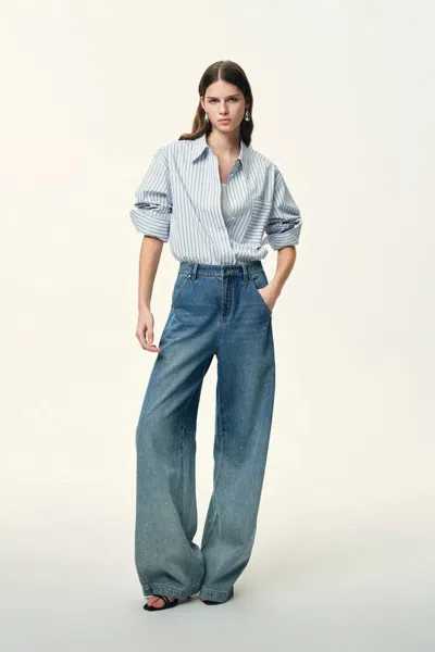 Fabrique Lismore Contrast Embroidery Striped Shirt In Textured Crinkle Cotton In Multi