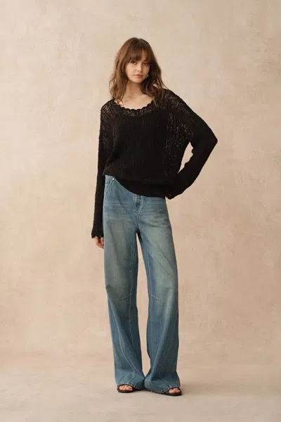 Fabrique Livy Scalloped Neckline Cardigan In Textured Cotton Knit In Black