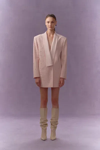 Fabrique Lolanthe Hand Applied Rhinestones Wide Shoulder Blazer In Linen Style Suiting In Pink