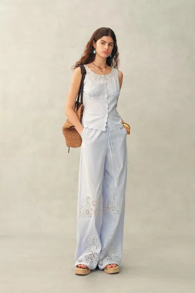 Fabrique Lone Striped Embroidered Sleeveless Lace Trim Cami Top And Pants Set In Crinkled Cotton In Blue