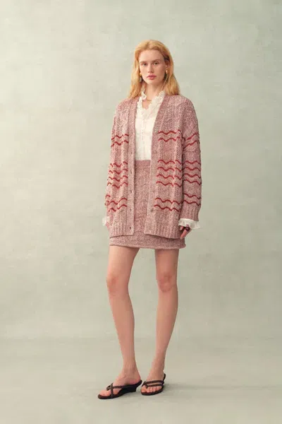 Fabrique Lorena Striped Oversized Cardigan And Skirt Matching Set In Cotton Blend Fancy Yarn Knit In Pink