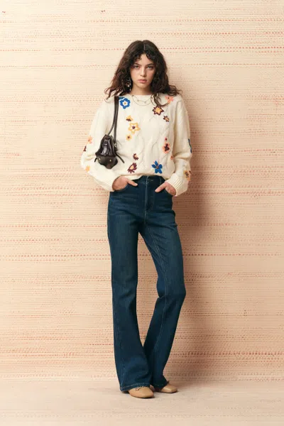 Fabrique Lorna Hand Embroidered Floral Sweater In Wool Blend Cable Knit In White
