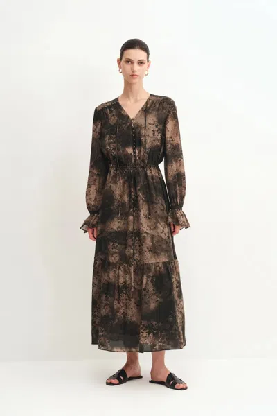 Fabrique Louise Ink Print Long Sleeve Maxi Dress In Cupro