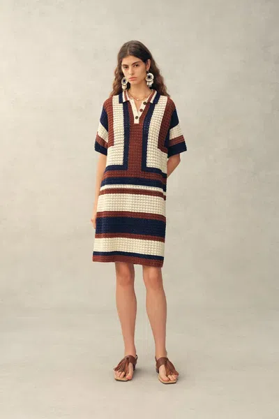 Fabrique Louise Short-sleeve Crochet Dress In Cotton-linen Knit In Multi