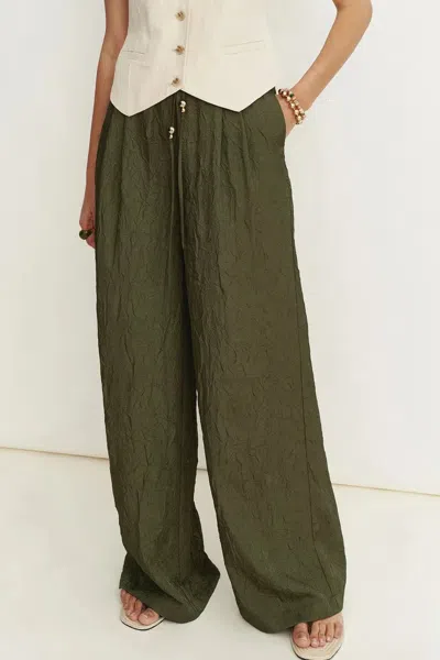Fabrique Louise Textured Loose Boho Pants In Wrinkled Satin In Green