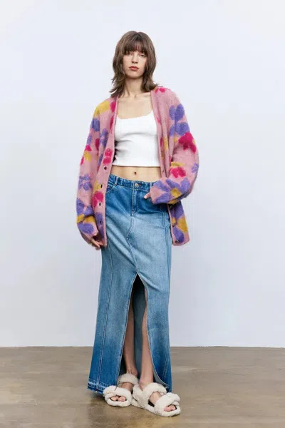 Fabrique Louloudia Floral Jacquard Knit Cardigan In Merino Mohair Blend In Pink