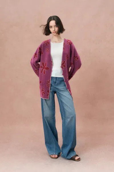 Fabrique Louloudia Hand Crochet Edges Floral Jacquard Cardigan In Stretchy Merino Wool Knit In Pink