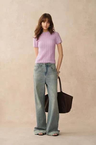 Fabrique Lowell Open Knit Short Sleeve Top In Purple