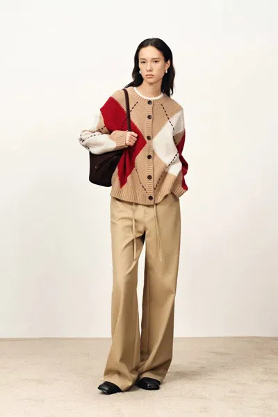 Fabrique Luce Hand Embroidered Lines Large Plaid Cardigan In Merino Wool In Multi