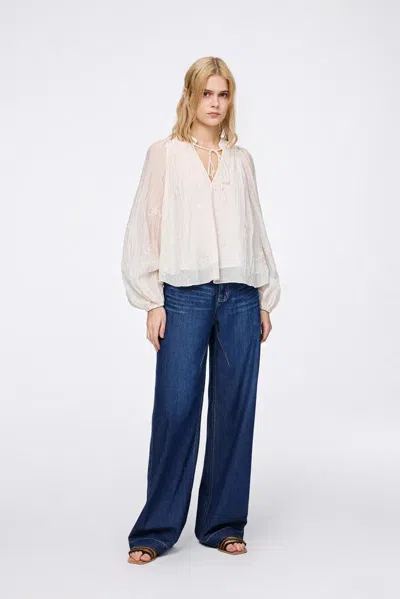 Fabrique Lucienne Pleated Embroidery Blouse In Tencel Blend In White