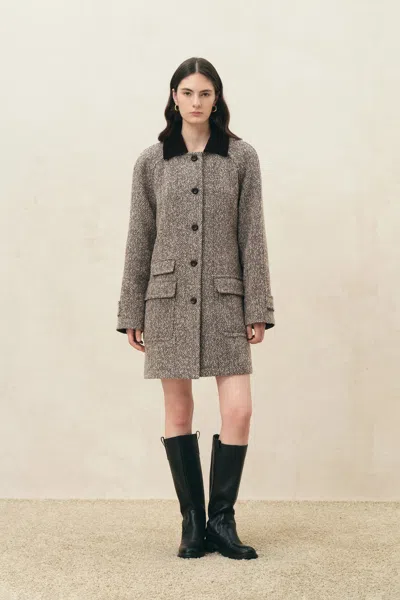 Fabrique Lucile Contrast Lapel Herringbone Midi Coat In Wool Blend In Multi